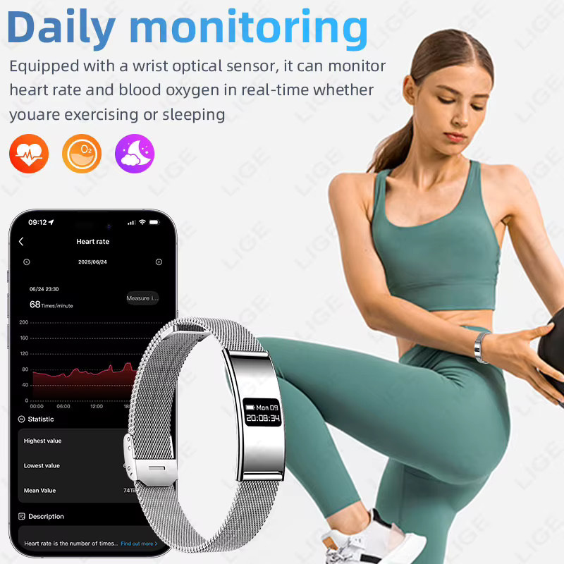 LIGE Smart-Armband in Silber mit Herzfrequenz- und HRV-Monitor sowie Anruferinnerung - Bild 3