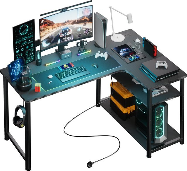 COMHOMA Gaming Schreibtisch in L-Form mit Regal, USB-Ladeanschluss und Steckdose, Farbe: Black, Breite: 120 cm - Bild 1