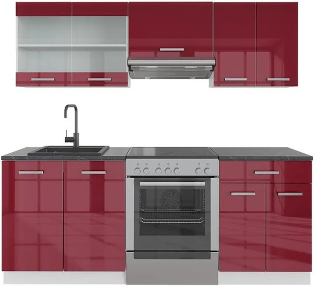 Vicco R-Line Küchenzeile modern in Bordeaux Hochglanz und Weiß, Breite: 200 cm - Bild 1
