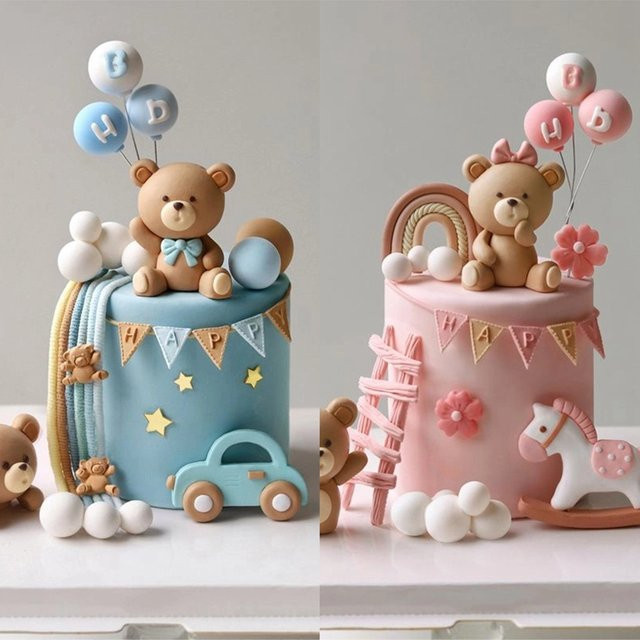 Ataozhekou 3D Bär Tortendekoration in Rosa und Blau aus Keramik für Kindergeburtstage und Babypartys - Bild 1
