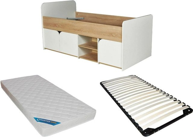 Vente-unique Bettrahmen Lostya in Weiß, zeitgenössisches Design aus Spanplatte, B/T/H: 80–90 x 190/200 x 96,5 cm - Bild 1