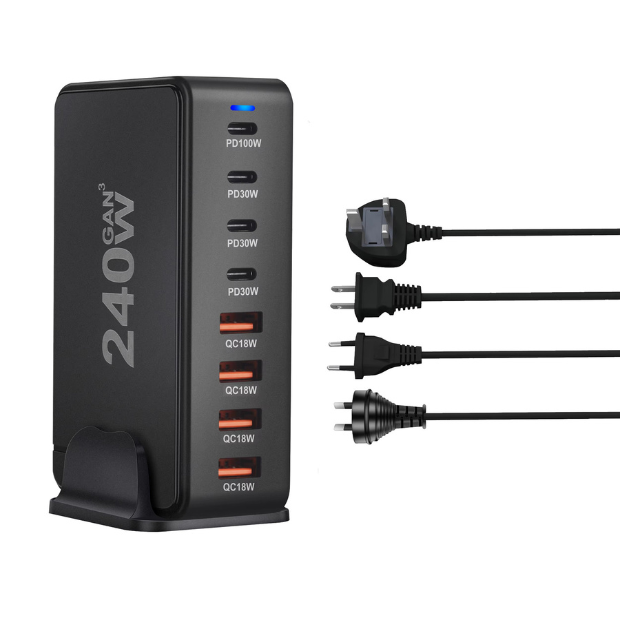 Deepartner 240W GaN Desktop-Ladegerät in Schwarz mit 8 USB-C-Anschlüssen und PD 3.0 Schnellladung - Bild 3