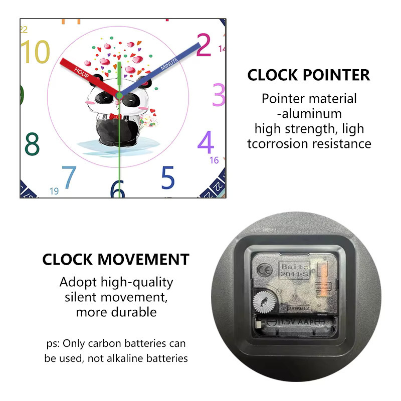 P.chuang Analoge Wanduhr im Panda-Design für Kinder mit bunten Zahlen und geräuschlosem Uhrwerk, Rund, Multicolour/Gold - Bild 2