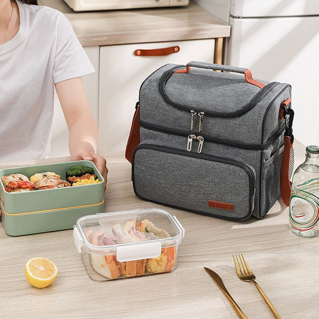 Airfriend Thermische Bento Lunchbox Tasche mit Doppelschicht und großem Volumen in Schwarz und Grau - Bild 1
