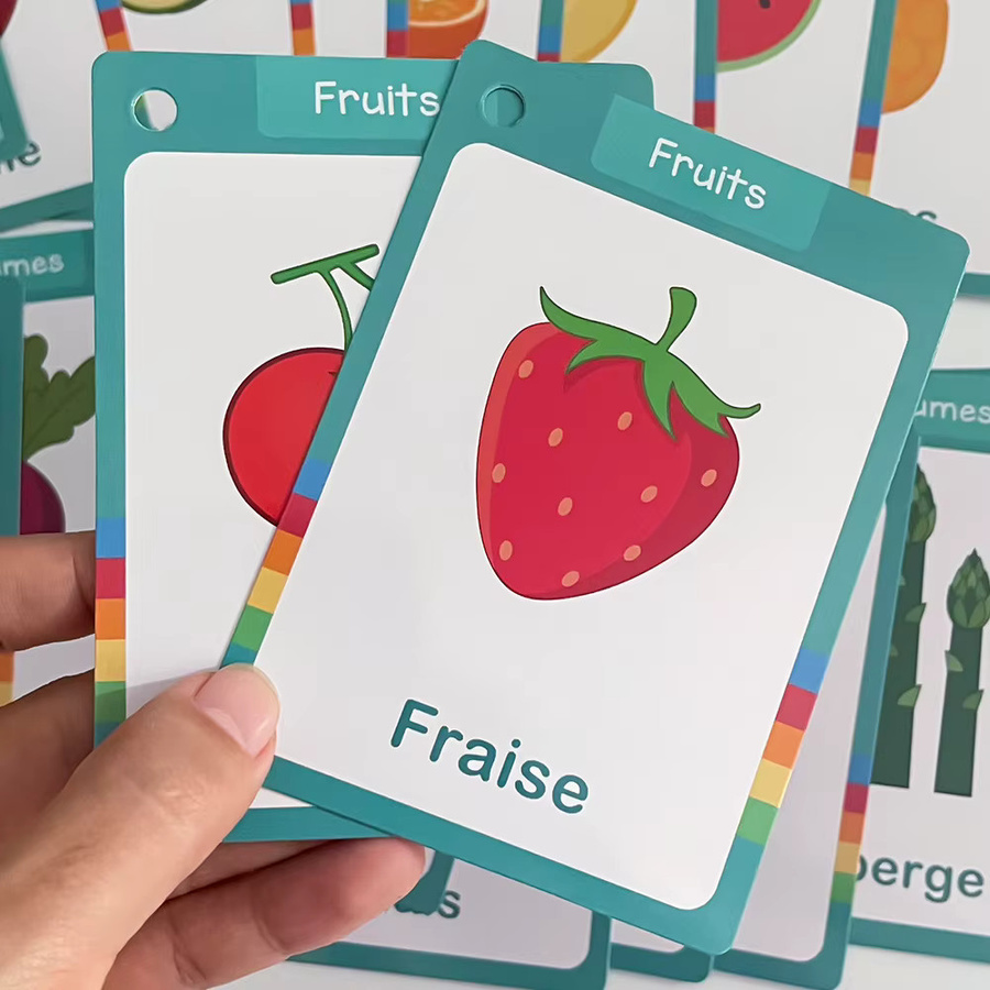 QKX 25 Stück französische Wortschatz-Lernkarten für Obst und Gemüse, doppelseitige Lernkarten für Kinder in Mehrfarbig - Bild 2