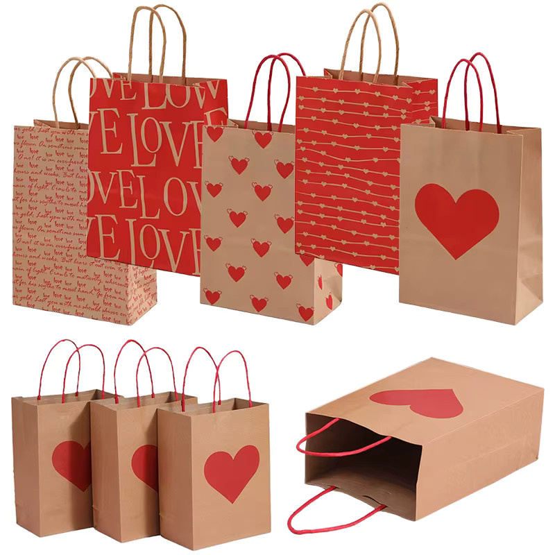 10er Set ZYF Kraftpapiertüten mit Herzmuster und Griff in Braun für Valentinstag, Hochzeiten und Partys - Bild 4