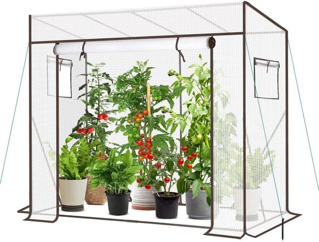 Sekey Schrägdach Foliengewächshaus begehbar in Weiß und Transparent, wetterfestes Pflanzenhaus mit PE-Plane, B/T/H: 200 x 77 x 146-169 cm - Bild 1