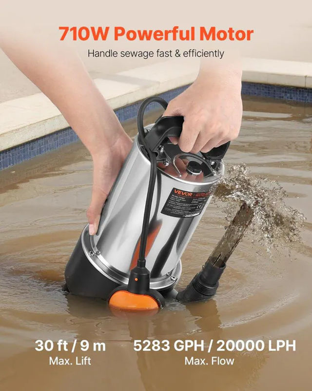 Buying Solutions MB Tauchpumpe aus Edelstahl für Schmutz- und Klarwasser mit automatischem Schwimmerschalter, 710W, 20000 L/H, Farbe: Silber - Bild 9
