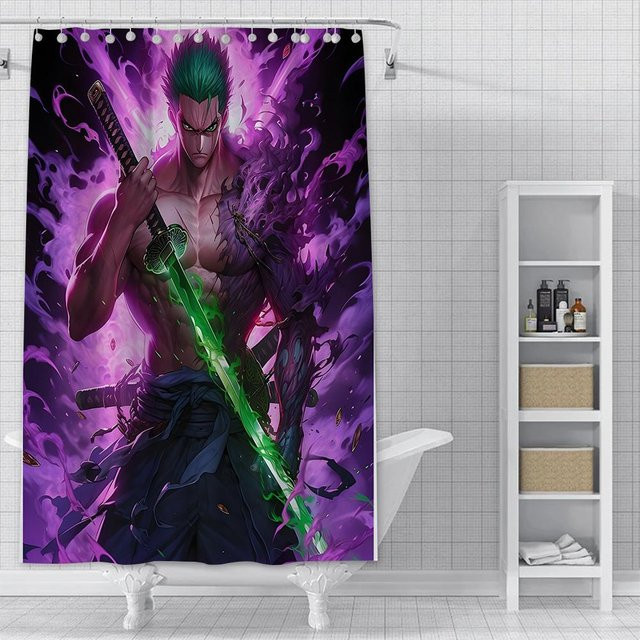 Wasserfester Duschvorhang mit Anime L-Luffy Motiv von Baifenbai Home Furnishing, bunt und lila, aus Polyester, B/H: 180 x 200 cm - Bild 1