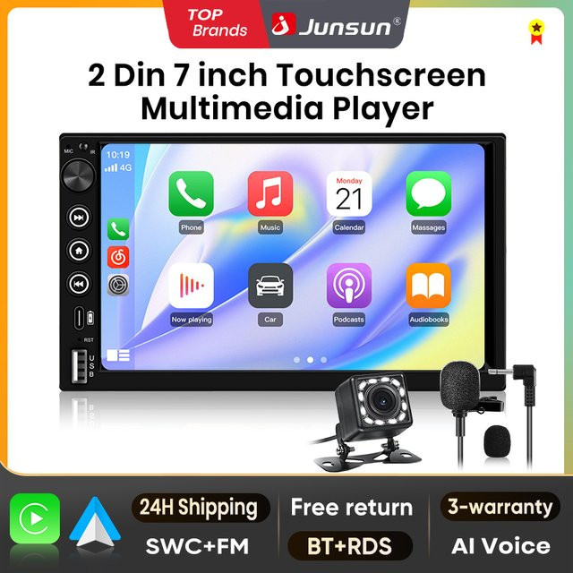 Junsun 7 Zoll Universal 2 Din MP5 Autoradio mit Wireless Carplay, Android Auto, GPS, Bluetooth und Navigation in Schwarz - Bild 1