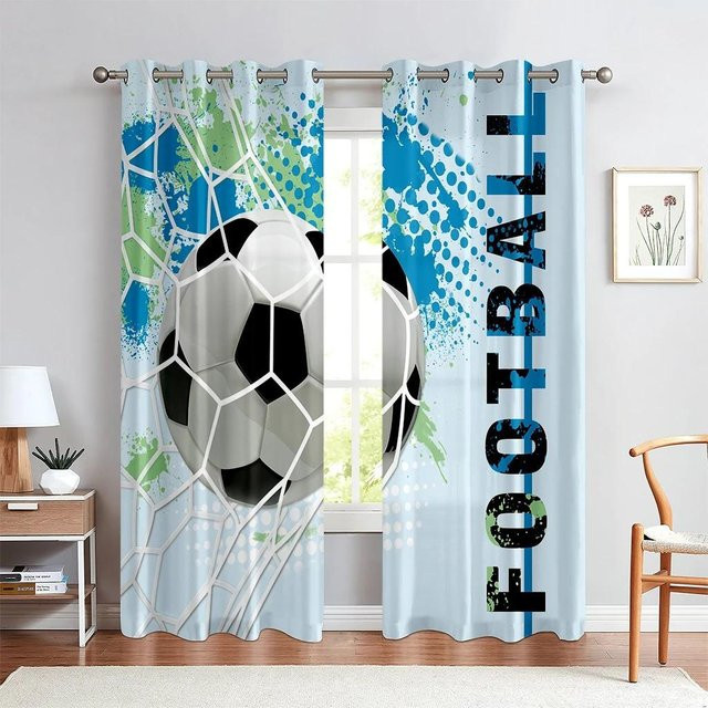 Yiran Furniture Vorhänge mit Fußball-Print in Aquarelloptik, 2er-Set, Blau, semi-transparent, Breite: 120 cm, Höhe: 270 cm - Bild 1