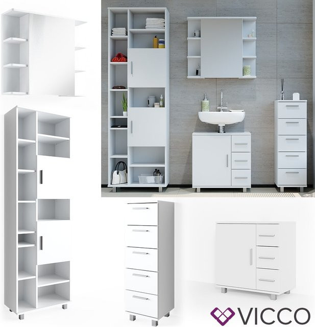 Vicco Badmöbel Set Ilias in Weiß mit Spiegel, Kommode, Unterschrank und Hochschrank aus melaminbeschichteter Spanplatte - Bild 1