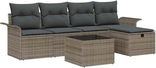 vidaXL Garten-Sofa-Set aus Polyrattan in Grau, 6-teiliges L-Shape Lounge-Set mit 3-Sitzer, 2-Sitzer, Ottoman, Couchtisch und Kissen inklusive Stauraum - Bild 1