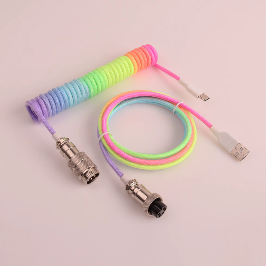 LANO Spiralkabel für Tastatur USB auf Typ-C mit GX16 Aviator-Stecker in Regenbogenfarben - Bild 2
