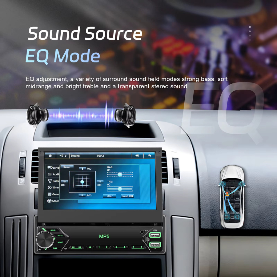 Podofo 7-Zoll-Autoradio mit einziehbarem Bildschirm, Bluetooth, 1 DIN, Unterstützung für Rückfahrkamera, TF-Karte und U-Disk, Schwarz - Bild 3