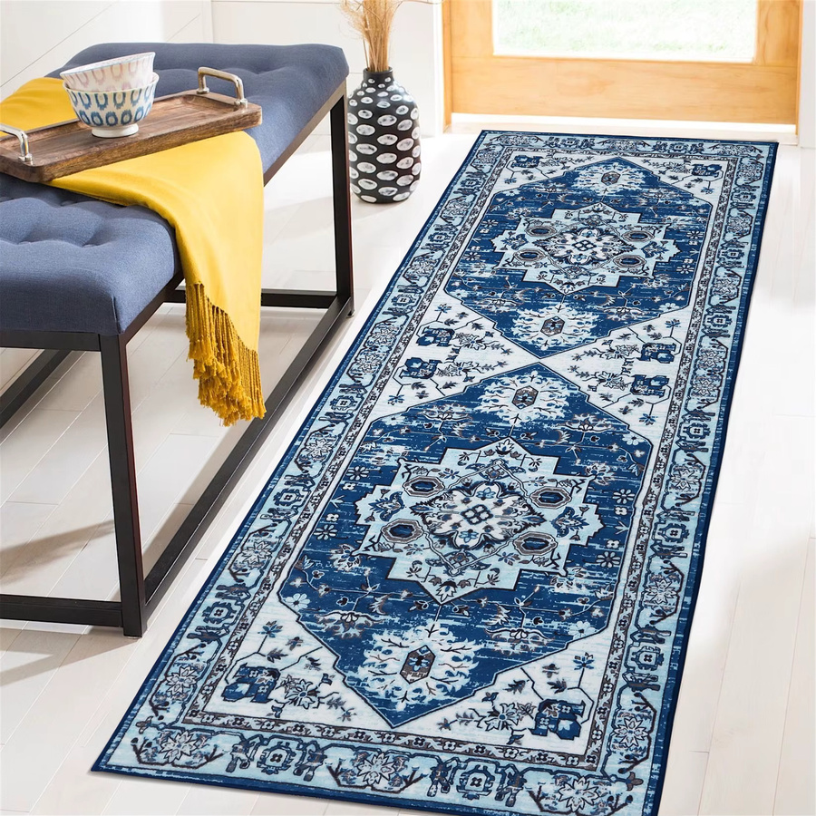 Maschinenwaschbarer Teppich TWISTER.CK im Vintage-Stil mit floralem Orient-Design, blau, rutschfest, B/T: 150 x 80 cm - Bild 3