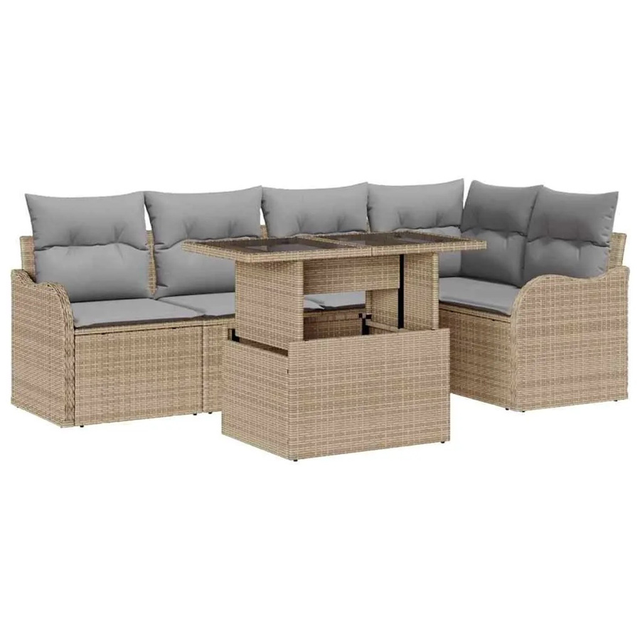 vidaXL Gartensofa-Set 6-teilig in Beige mit Kissen, L-Form aus Poly-Rattan mit Metallgestell und Glastisch - Bild 2