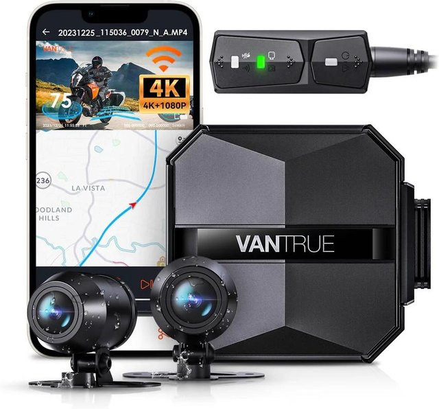Vantrue F1 Dashcam für Motorräder mit 4K UHD und 1080P Auflösung, WiFi 5 GHz, GPS, IP67 wasserdicht, Schwarz - Bild 1