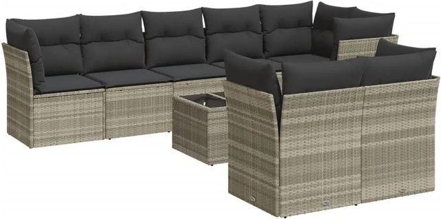 vidaXL 9-tlg. Garten-Sofagarnitur mit Kissen aus Poly-Rattan in Hellgrau - Bild 1