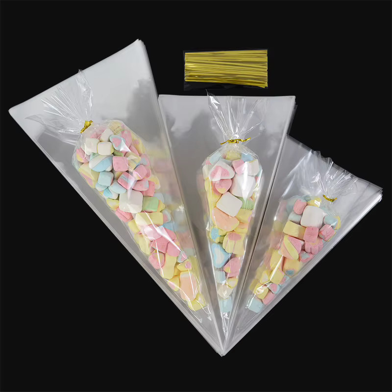 50 Stück Transparente Dreieck Süßigkeiten Taschen aus Kunststoff für Hochzeit Geburtstag und Party als Snack oder Cookie Verpackung - Bild 2