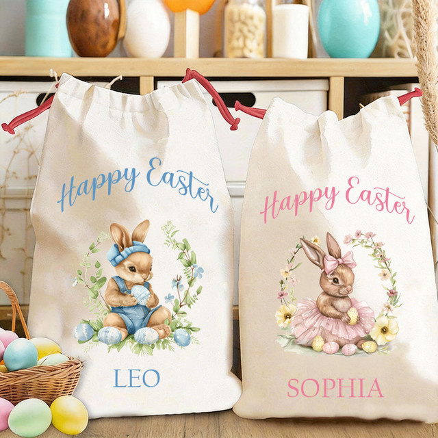 Personalisierter Oster-Geschenkbeutel aus Baumwolle mit Namen und Frühlings-Schleife, B/H: 30 x 40 cm - Bild 1