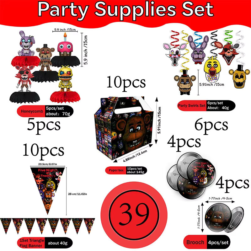 Five Nights at Freddy's Party-Dekorationsset mit Wabenpapier-Boxen, Spiralen und Wimpelketten in Mehrfarbig - Bild 3