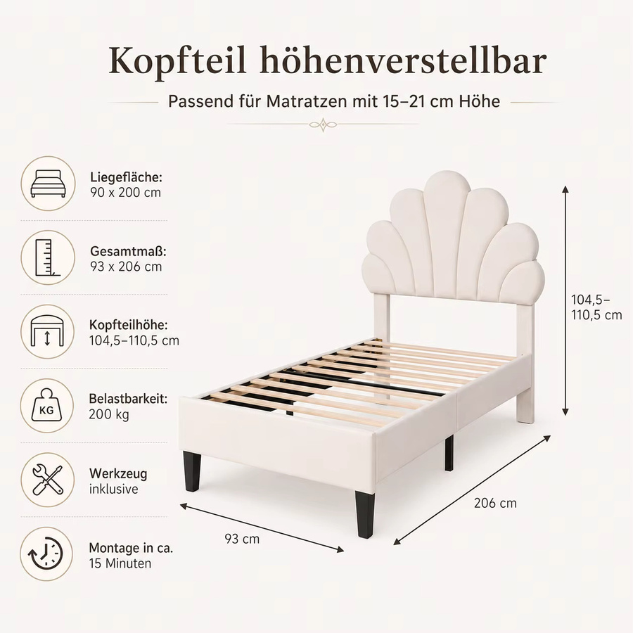 Simurq Kinderbett für Mädchen in Pink mit floralem Polsterkopfteil aus Samt, Einzelbett inklusive Lattenrost, B/T/H: 140 x 200 cm - Bild 2