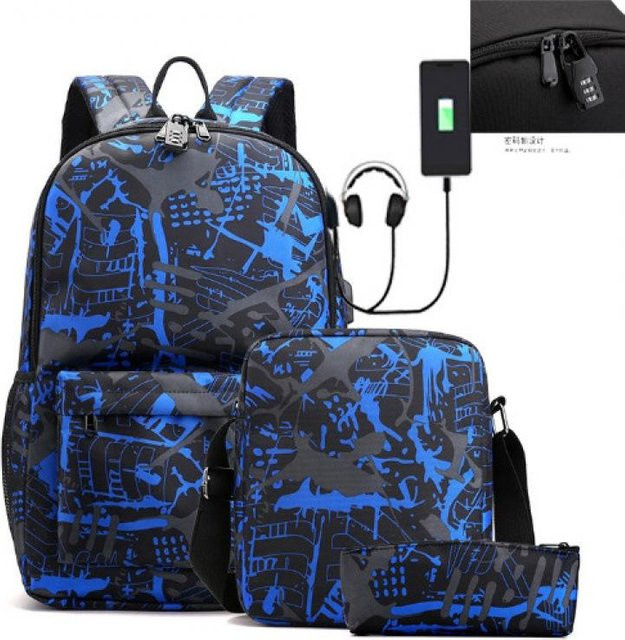 3-teiliges Schulrucksack-Set in Blau aus Oxford-Stoff mit Schultasche und Federmäppchen - Bild 1