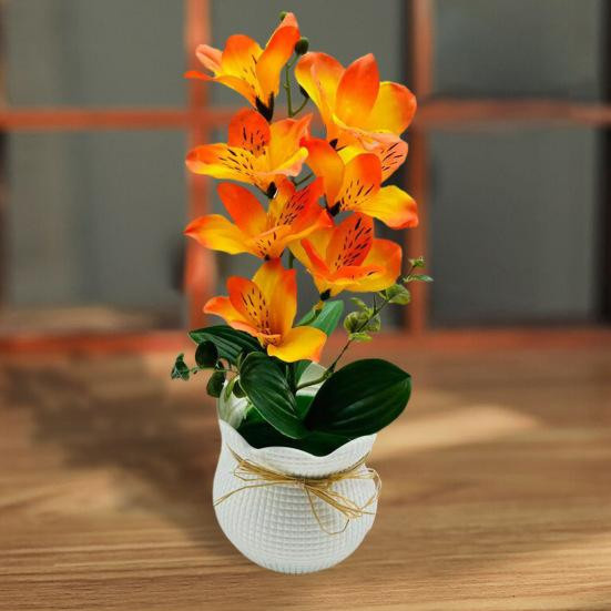 Künstliche Magnolienblüte in Orange mit 7 Blütenköpfen im Topf als Tischdekoration - Bild 3