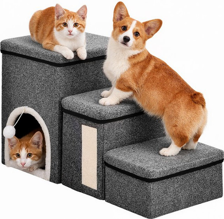 Jianyana Hundetreppe für kleine Hunde und Katzen, faltbare Haustiertreppe mit Aufbewahrungsbox und Katzenkratzbrett, verstellbare Hundestufen in Anthrazit und Grau