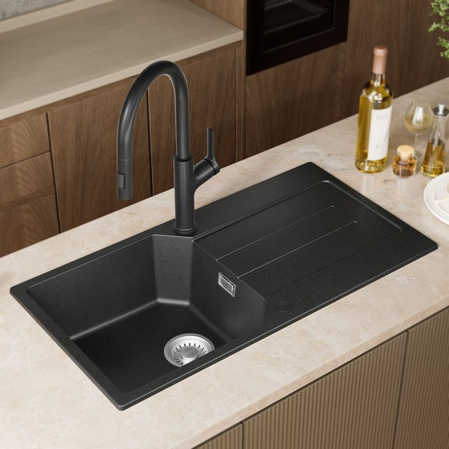 CECIPA max Küchenspülbecken aus Granit-Verbundwerkstoff in Schwarz, Unterbau-Spüle mit Abtropffläche und 1-Fach-Becken, B/T: 86 x 45 cm - Bild 1