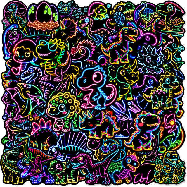 Q-Edition Neon Dinosaurier Graffiti Aufkleber, wasserfeste Sticker in Multicolor für Handy, Notizbücher und Laptop, 100 Stück - Bild 1
