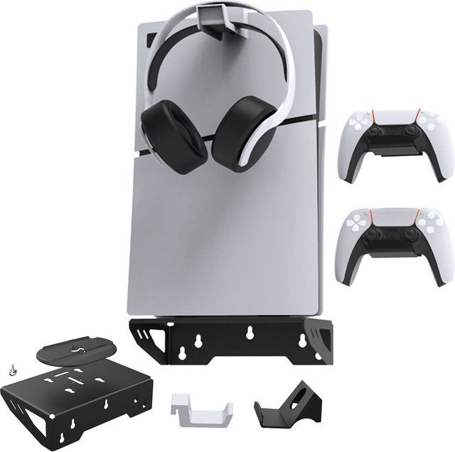 TECTINTER Wandhalterungsset aus Stahl für PS5 und PS5 Slim Konsole mit Controller in Schwarz - Bild 1