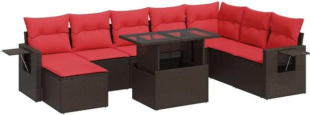 vidaXL 9-tlg. Garten-Sofagarnitur in L-Form aus braunem Poly-Rattan mit wetterfesten Kissen und pulverbeschichtetem Stahlgestell - Bild 1