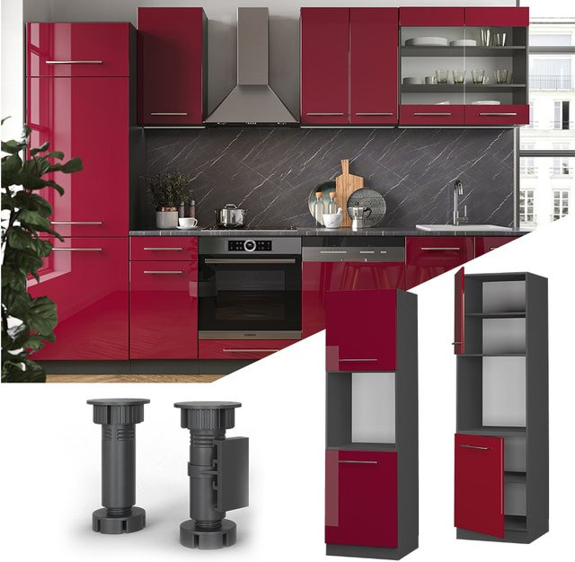 Vicco Herdumbauschrank Fame-Line Küchenschrank in Anthrazit und Bordeaux Rot mit Hochglanz-Finish und Softclose-Scharnieren, Breite: 60 cm - Bild 1