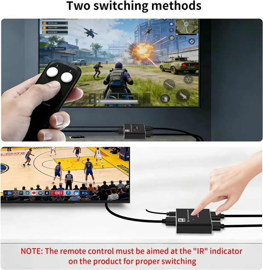 Navceker DisplayPort Switch 2-in-1-out 8K und 4K 120Hz DP-Umschalter mit IR-Fernbedienung, Schwarz - Bild 4