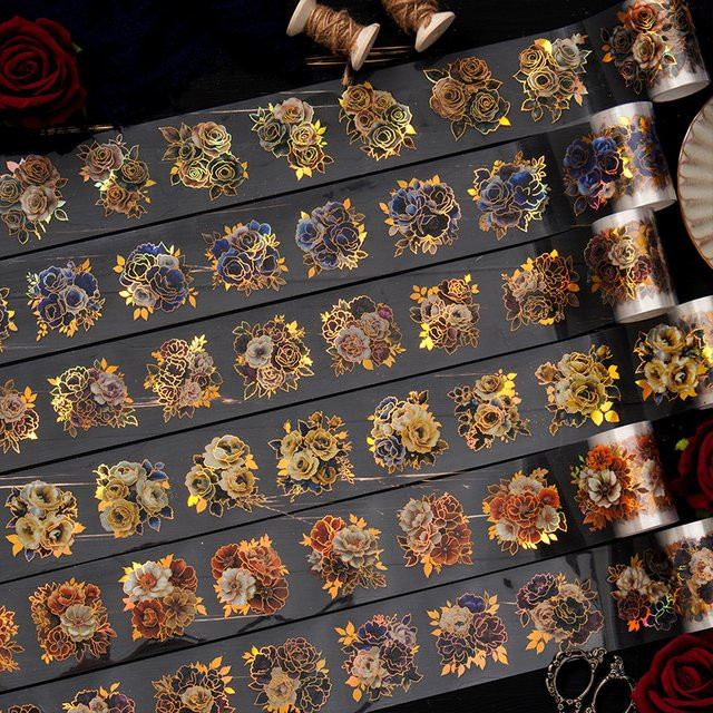 Goldfolien-Blumen-PET-Band mit Blumendruck für DIY-Bastelarbeiten, 1 Rolle, Farbe: Gold, Breite: 6 cm, Länge: 200 cm - Bild 1
