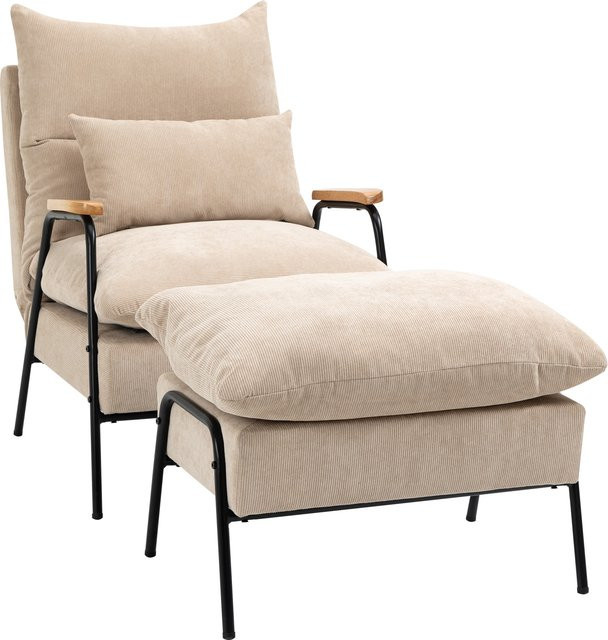 HOMCOM Relaxsessel mit Hocker in Beige mit verstellbarer Rückenlehne und Liegefunktion, moderner Polstersessel mit Cord-Optik und Stahlrahmen, belastbar bis 180 kg - Bild 1
