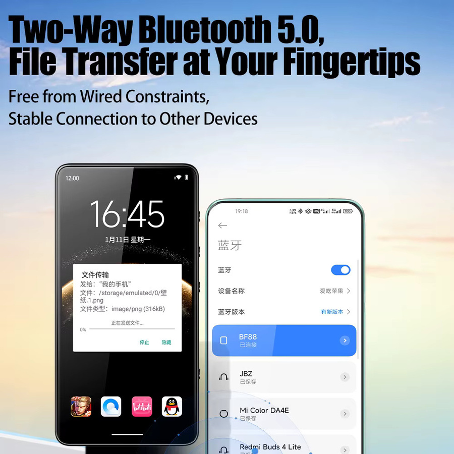 Famue BF88 MP3-Player mit 5,2 Zoll Android-Bildschirm, Octa-Core MT6769, 6 GB RAM, 64 GB Speicher, WiFi und Bluetooth 5.0 in Schwarz - Bild 3