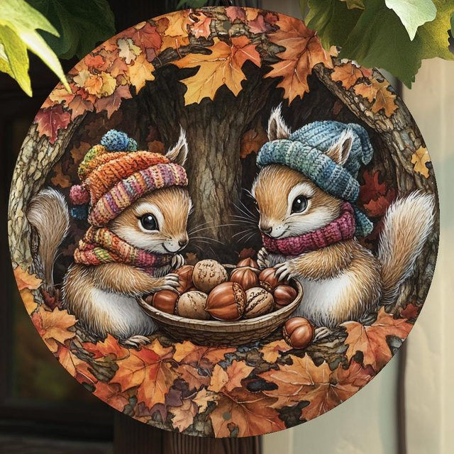 Rundes Wandkunstschild aus Aluminium von Potdemiel mit Eichhörnchen und Nüssen im Vintage-Stil, Mehrfarbig, Durchmesser: 20 cm - Bild 1