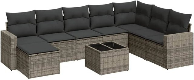 vidaXL 9-tlg. Garten-Sofagarnitur in L-Form aus Poly Rattan und Metall in Grau mit Kissen und Couchtisch - Bild 1