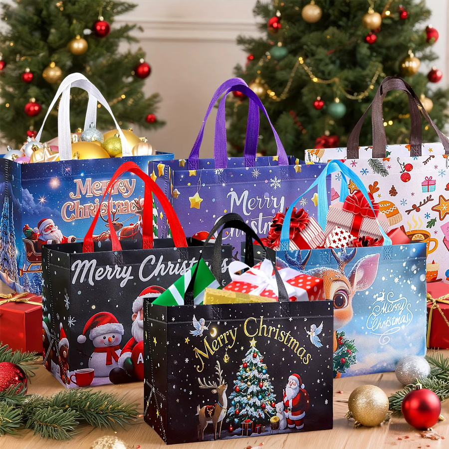 16 wiederverwendbare Weihnachtsgeschenktüten aus Papier mit Griffen in Multicolour, Designs mit Weihnachtsmann, Schneemann und Weihnachtsbaum für deine Weihnachtsfeiern - Bild 3