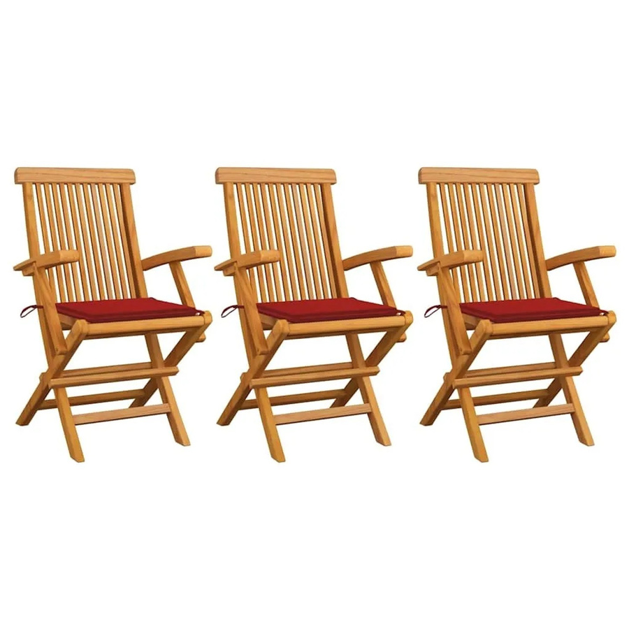 vidaXL Gartenstuhl-Set aus Teak-Massivholz mit roten Kissen, 3 Stück, braun - Bild 2