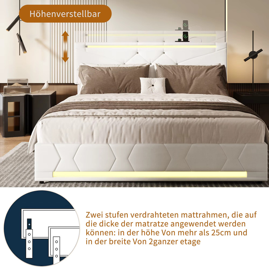 Creahappy Polsterbett mit hydraulischem Stauraum und Unterbettbeleuchtung, B/T: 140 x 200 cm - Bild 4