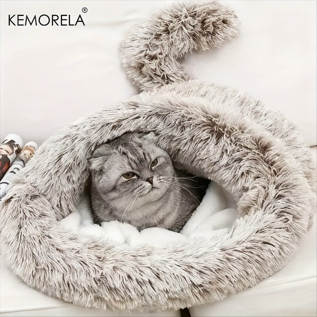 KEMORELA Winter-Schlafsack für Katzen aus weichem Plüsch, dick und warmes Haustierbett, grau - Bild 1
