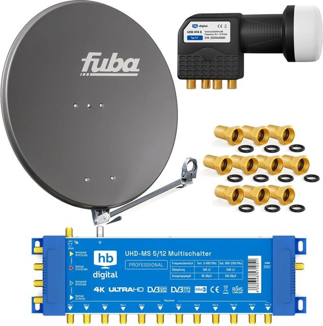 hb-digital SAT Anlage Fuba DAL 800 in Anthrazit mit Multischalter MS 5/12 und Quattro LNB, Breite: 80 cm - Bild 1