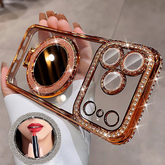 Transparente Handyhülle mit Glitzer-Linsenfolie und magnetischem Ringhalter für iPhone 11 bis 17 Pro Max Plus Air, Farbe: Pink - Bild 1