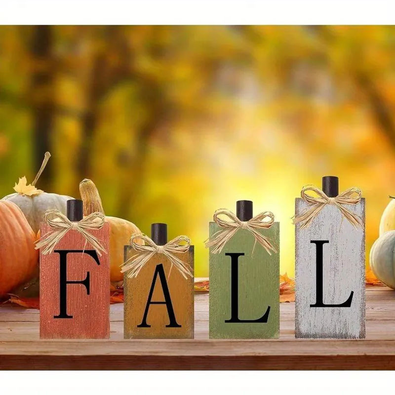 4er-Set Herbstdekoration aus Holz im Vintage Bauernhaus-Stil, mehrfarbige Tischschilder für Thanksgiving und Erntezeit - Bild 3