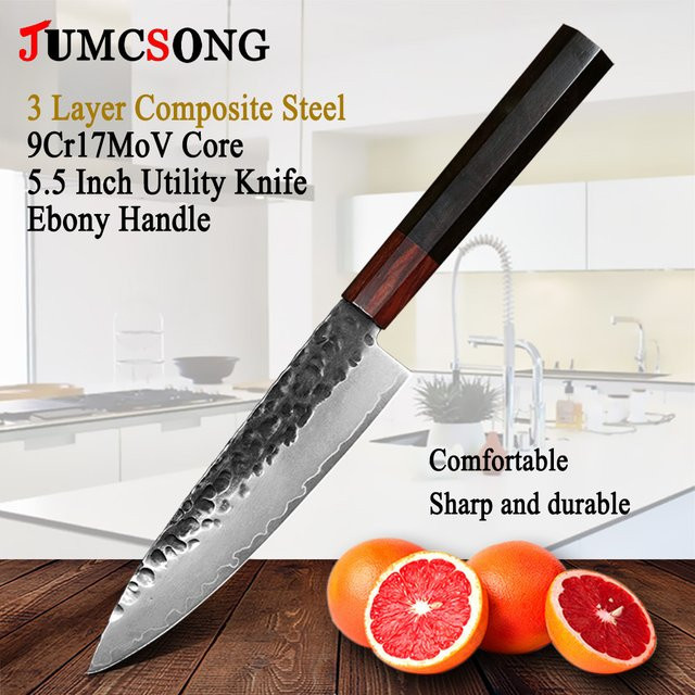 Jumcsong Santoku Küchenmesser aus 3-lagigem Verbundstahl, 5,5 Zoll Utility-Gemüsemesser in Silber mit Holzgriff - Bild 1