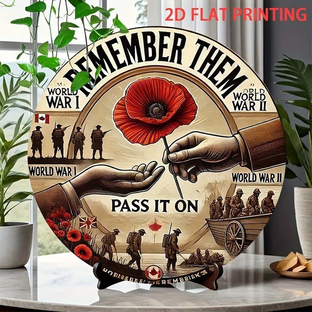 Rustikales rundes Blechschild von Potdemiel zum Gedenken an die gefallenen Soldaten des Weltkriegs, Durchmesser: 20,32 cm - Bild 1